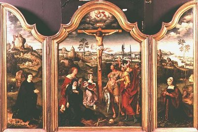 Tríptico: Crucificação flanqueada por Doadores ajoelhados (óleo) de Joos van Cleve