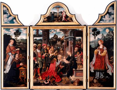 Tryptic da Adoração dos Magos. Pintura sobre madeira por Joos Van Cleve o jovem (1485-1540) 1515 Dim. 260x200 cm Genes, Igreja de San Donato de Joos van Cleve