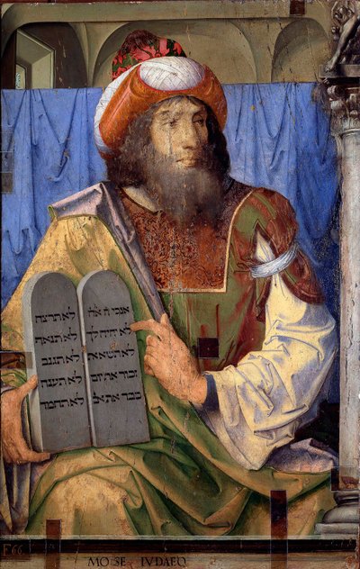 Retratos de homens ilustres: Moisés e as tábuas da lei. Pintura de Joos van Wassenhove (ou Justus van Gent também conhecido como Josse ou Jodocus de Ghent, ou Giusto di Ghent ou Juste de Ghent, ativo entre 1460-1475). Pintura em madeira. Dimensões: 74 x 11 de Joos van Gent (fl.1460 75)