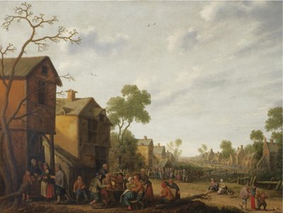 Uma cena de aldeia com camponeses a comer e a beber à porta de uma estalagem, com mendigos à esquerda de Joost Cornelisz Droochsloot