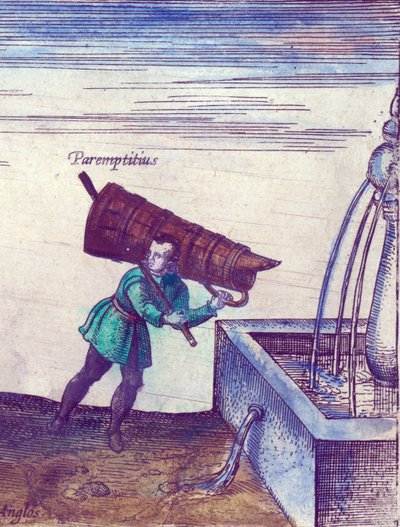 Um, aprendiz, buscar, água, de, um, chafariz, 1598, mão, colorido, cobre, gravura, detalhe, de, 324184 de Joris Hoefnagel