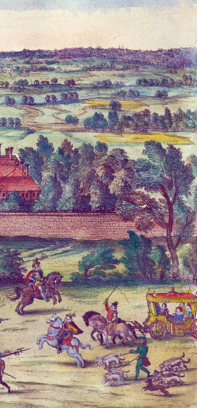 Cortesãos e cães de caça que acompanham a chegada da rainha Elizabeth I em Nonsuch Palace, 1598 mão colorido detalhe de gravura em cobre de 324184 de Joris Hoefnagel