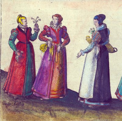 Mulheres inglesas da era elisabetana, 1598 (gravura de cobre colorida à mão) de Joris Hoefnagel