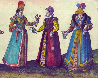 Mulheres inglesas da era elisabetana, 1598 mão colorido detalhe de gravura em cobre de 324184 de Joris Hoefnagel