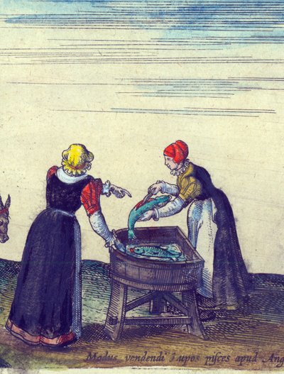 Fishwives vendendo e eviscerando pique, 1598 mão colorido detalhe de gravura de cobre de 324184 de Joris Hoefnagel