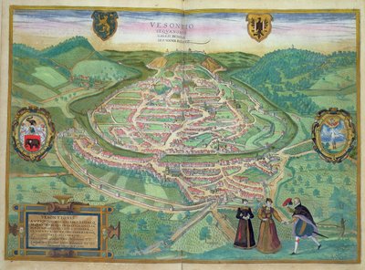 Mapa de Besançon, de &39;Civitates Orbis Terrarum&39; por Georg Braun (1541-1622) e Frans Hogenberg (1535-1590), 1575 (gravura a cor) de Joris Hoefnagel