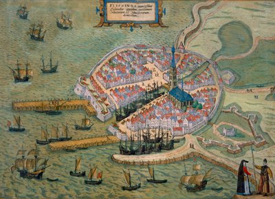 Um mapa de Flissinga, de &39;Mundo&39; pela Braun (1541-1622) e Franz Hogenbergh (1535-1590) c.1572-1617 de Joris Hoefnagel
