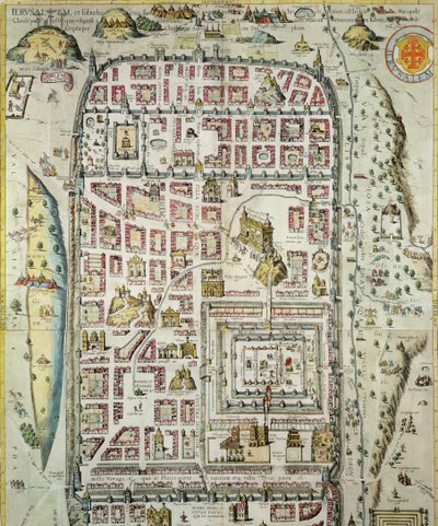 Mapa de Jerusalém e da área circundante, de &39;Civitates Orbis Terrarum&39; por Georg Braun (1541-1622) e Frans Hogenberg (1535-90) c.1572-1617 (ver 138906) de Joris Hoefnagel