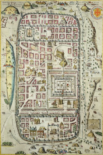 Mapa de Jerusalém e da área circundante, de &39;Civitates Orbis Terrarum&39; por Georg Braun (1541-1622) e Frans Hogenberg (1535-90) c.1572-1617 (ver 138905-96) de Joris Hoefnagel