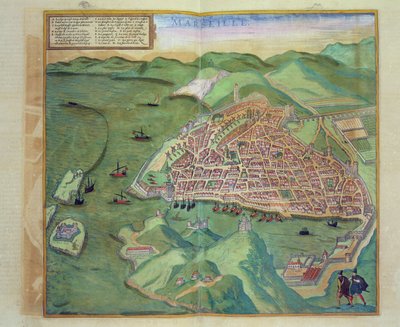 Mapa de Marselha, de &39;Civitates Orbis Terrarum&39; por Georg Braun (1541-1622) e Frans Hogenberg (1535-90), c.1572 (gravura a cores) de Joris Hoefnagel
