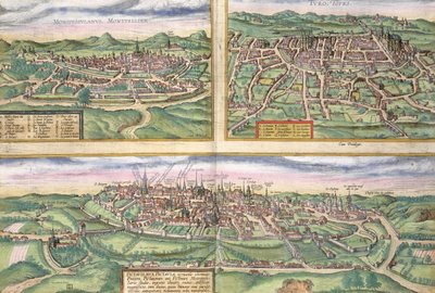 Mapa de Montpellier, Tours e Poitiers, de &39;Civitates Orbis Terrarum&39; por Georg Braun (1541-1622) e Frans Hogenberg (1535-90), c.1572 de Joris Hoefnagel