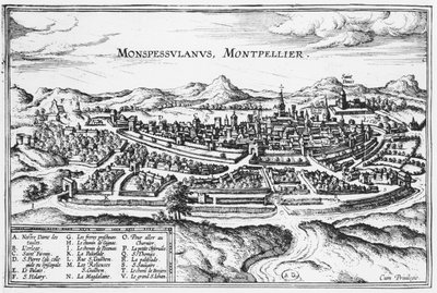 Mapa de Montpellier, de &39;Civitates Orbis Terrarum&39; por Georg Braun (1541-1622) e Frans Hogenberg (1535-90) Bruxelas, 1574 (ver também 121038) de Joris Hoefnagel
