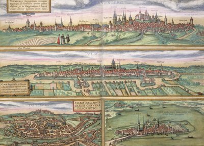Mapa de Nuremberg, Ulm e Saltzburg, de &39;Civitates Orbis Terrarum&39; por Georg Braun (1541-1622) e Frans Hogenberg (1535-90), c.1572 (gravura colorida) de Joris Hoefnagel