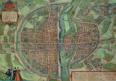 Mapa de Paris, de &39;Civitates Orbis Terrarum&39; por Georg Braun (1541-1622) e Frans Hogenberg (1535-90), c.1572 (gravura a cores) de Joris Hoefnagel