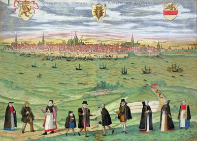 Mapa de Rostock, de &39;Civitates Orbis Terrarum&39; por Georg Braun (1541-1622) e Frans Hogenberg (1535-90) c.1572-1617 de Joris Hoefnagel