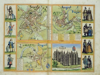 Mapas de York, Shrewsbury, Lancaster e Richmond, de "Civitates Orbis Terrarum" por Georg Braun (1541-1622) e Frans Hogenberg (1535-90) c.1572-1617 de Joris Hoefnagel