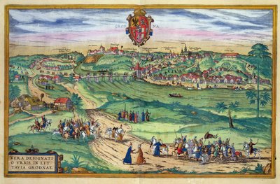 Plano de cidade de Grodno, de &39;Civitates Orbis Terrarum&39; por Georg Braun (1541-1622) e Frans Hogenberg (1535-90), c.1572 de Joris Hoefnagel