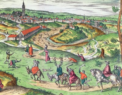 Plano de cidade de Sevilha, de Civitates Orbis Terrarum por Georg Braun 1541-1622 e Frans Hogenberg 1535-90, 1593 detalhe gravado colorido de 121051 de Joris Hoefnagel