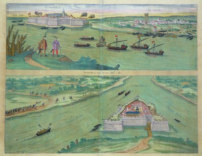 Duas visões de Comorra, de &39;Civitates Orbis Terrarum&39; por Georg Braun (1541-1622) e Frans Hogenburg (1535-90), c.1572 de Joris Hoefnagel