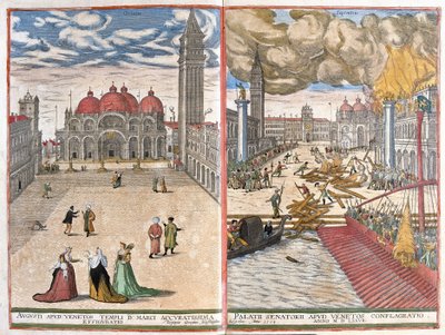 Veneza, Itália: igreja de São Marcos e o incêndio no palácio dos Doges venezianos em 1577 (desenho de Joris Hoefnagel