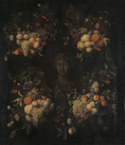 Cabeça esculpida simulada de uma mulher em um cartucho decorado com guirlandas de frutas de Joris van Son