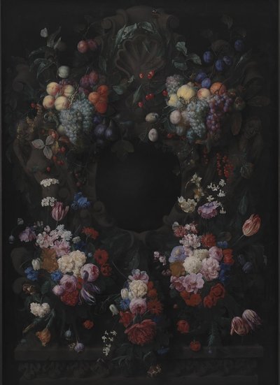 Cartouche de pedra com guirlanda de frutas e flores de Joris van Son
