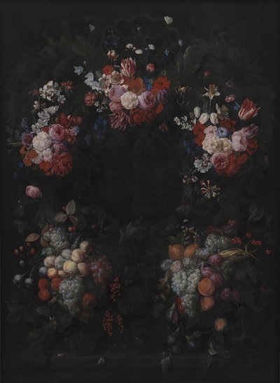 Cartouche de pedra com guirlanda de frutas e flores de Joris van Son