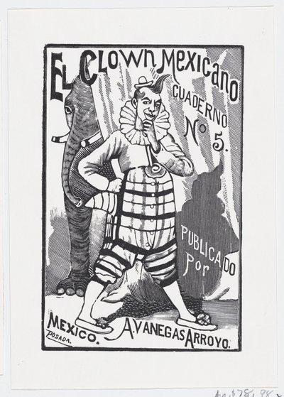 Um palhaço de pé com uma mão na anca e um elefante a espreitar por trás..., ca. 1880-1910. de José Guadalupe Posada