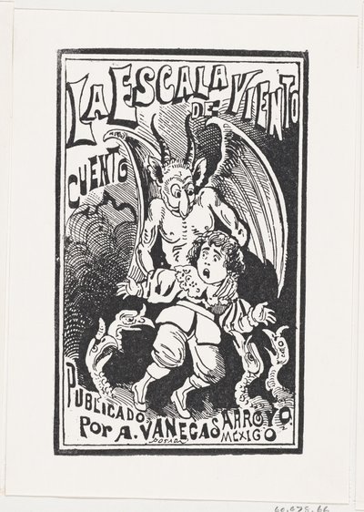 Um demônio segurando um garoto pelos ombros sobre um grupo de abutres, ilustração..., ca. 1880-1910. de José Guadalupe Posada