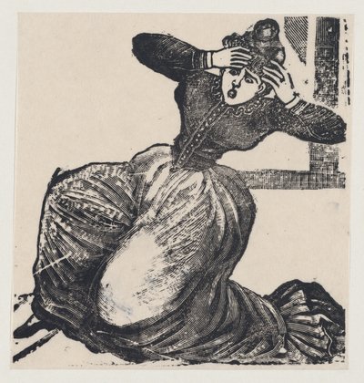 Uma mulher a ofegar no chão com as mãos erguidas até à cabeça, de um lado largo intitulado..., 1893. de José Guadalupe Posada