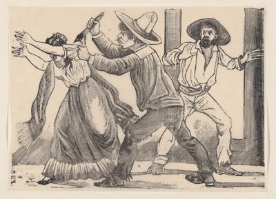 Um homem agarrando uma mulher pela manga e esfaqueando-a, de um costado intitulado 