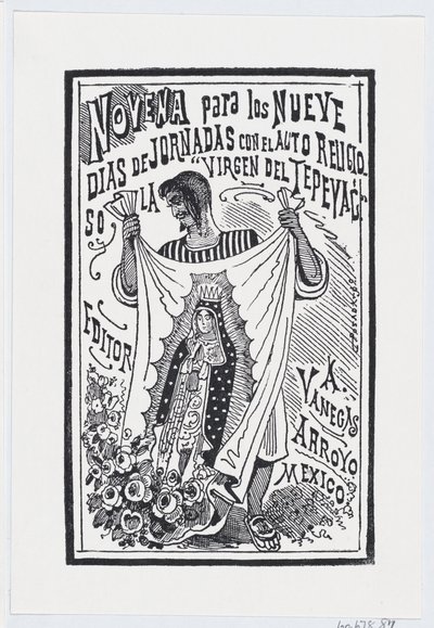 Um homem segurando um pedaço de tecido com uma imagem da Virgem, ilustração para ..., ca. 1880-1910. de José Guadalupe Posada