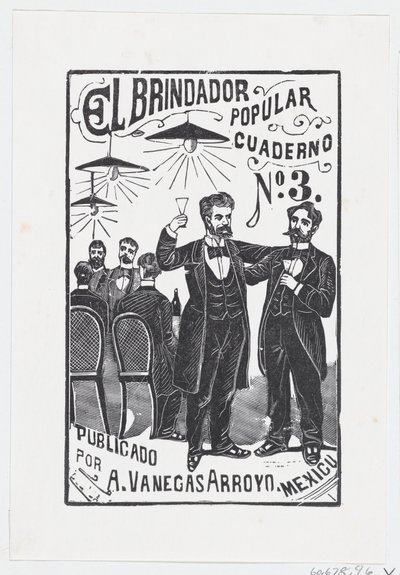 Um homem levantando seu copo com um grupo de homens sentados em uma mesa ao fundo,..., ca. 1890-1899. de José Guadalupe Posada