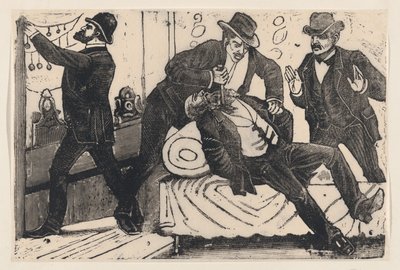 Um homem esfaqueando outro homem no peito enquanto seus associados saqueiam uma loja, de um..., ca. 1890-1891. de José Guadalupe Posada