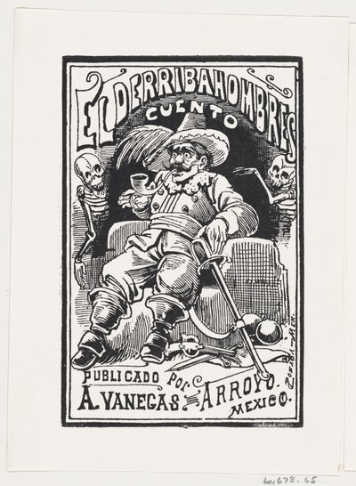 Um homem com armas e um cano na boca flanqueado por dois esqueletos, ilustração..., ca. 1880-1910. de José Guadalupe Posada