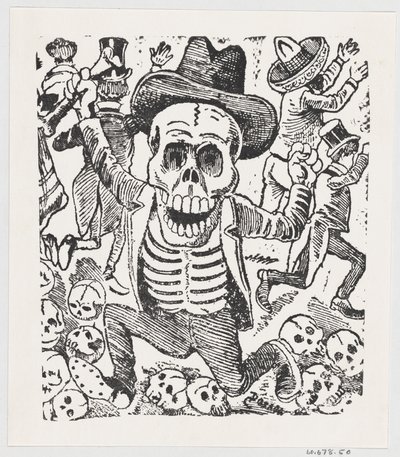 Um esqueleto segurando um osso e saltando sobre uma pilha de crânios enquanto as pessoas fogem, fr..., ca. 1907. de José Guadalupe Posada