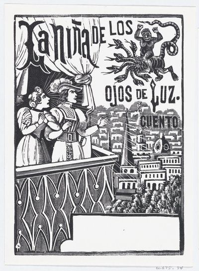 Uma mulher e um homem de pé em uma varanda olhando para um monstro voador no céu..., ca. 1880-1910. de José Guadalupe Posada