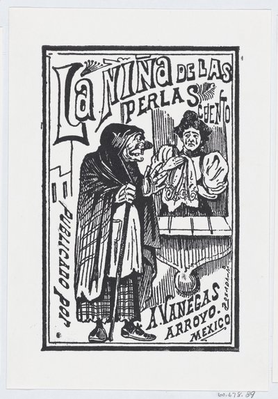 Uma mulher chorando com um lenço na mão conversando com uma velha bruxa, ilustração..., ca. 1880-1910. de José Guadalupe Posada