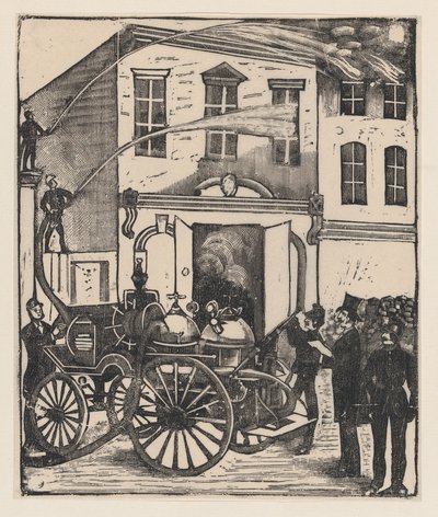 Bombeiros a apagar um incêndio numa casa, camião dos bombeiros em primeiro plano, ca. 1880-1910., ca. 1880-1910. de José Guadalupe Posada