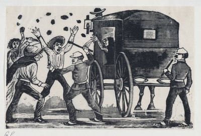 Homens lutando perto de um cavalo e carruagem, ca. 1900-1910., c. 1900-1910. de José Guadalupe Posada