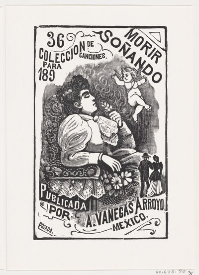 Perfil de uma mulher sentada em uma cadeira com a cabeça para trás e segurando uma flor, il..., ca. 1890. de José Guadalupe Posada