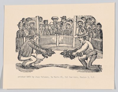Dois homens em uma arena segurando galos em preparação para uma luta, esp..., ca 1890-1910 reimpresso em 1964. de José Guadalupe Posada