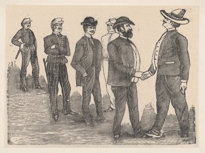 Dois homens apertando as mãos em primeiro plano e oficiais observando-os ao fundo..., ca. 1880-1910. de José Guadalupe Posada