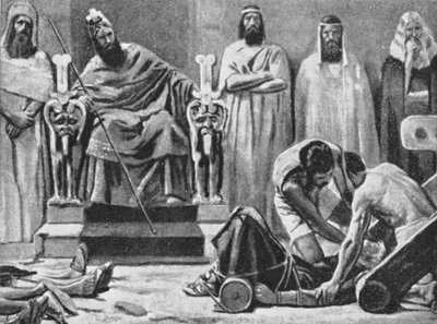 Zedequias fica cego e é levado para a Babilónia, 586 a.C. (litografia) de Jose (after) Villegas y Cordero