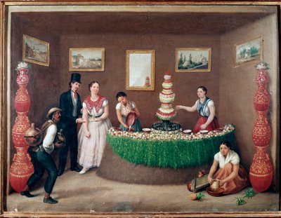 Vendedores de Chufa horchata (orxata de xufa ou orxata de xufla) bebida da região de Valência, Espanha (Vendedor de Horchata, bebida tradicional de Valência, Espanha) Pintura por Augustin Arriete (século XIX) Cidade do México, Museu Nacional Histórico, Cha de Jose Agustin Arrieta