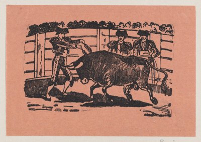 Ein Torero platziert Banderillas in die Schultern des Stiers, während zwei Männer hinter dem Stier stehen de José Guadalupe Posada