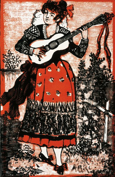 Capa de um cancioneiro representando uma mulher mexicana com uma guitarra. Gravura de Jose Guadalupe POSADA (1852-1913). Gravação de José Guadalupe Posada