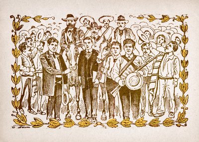México, Revolução Mexicana: "" El Triunfo de Madero "" (Francisco Indalecio Madero Gonzalez (1873-1913) eleito presidente com o apoio dos revolucionários Villa e Zapata. Retrato a cavalo no meio da multidão dos seus seguidores. Gravura por de José Guadalupe Posada
