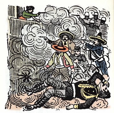 A Revolução Mexicana (1910-1920): assalto à casa de Aquiles Serdan (1876-1910). Xilografia de Jose Guadalupe Posada (1852-1913). de José Guadalupe Posada