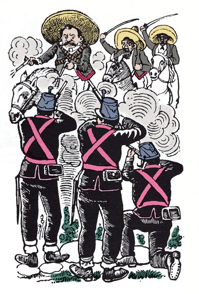 A Revolução Mexicana (1910-1920): a luta dos federais contra as tropas revolucionárias de Emiliano Zapata (Emiliano Zapata Salazar conhecido como El Caudillo del Sur) de José Guadalupe Posada